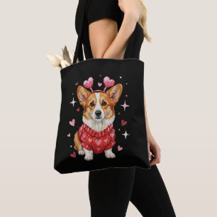 Bolsa Tote Cute Corgi Coração de São Valentão Dia dos Namorad