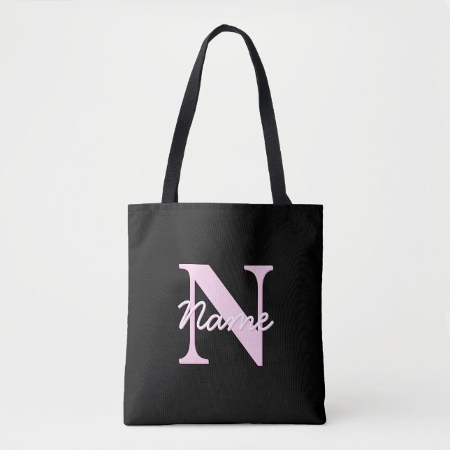 Bolsa Tote Cute Customizable Monogram | Light Pink & Black (Frente)