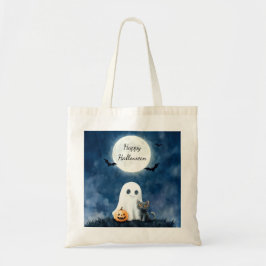 Bolsa Tote Cute Fantasma e Gato Preto no Halloween