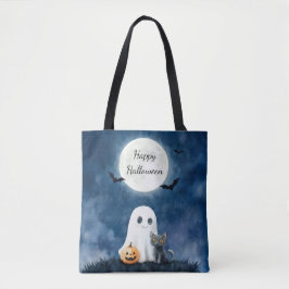 Bolsa Tote Cute Fantasma e Gato Preto no Halloween