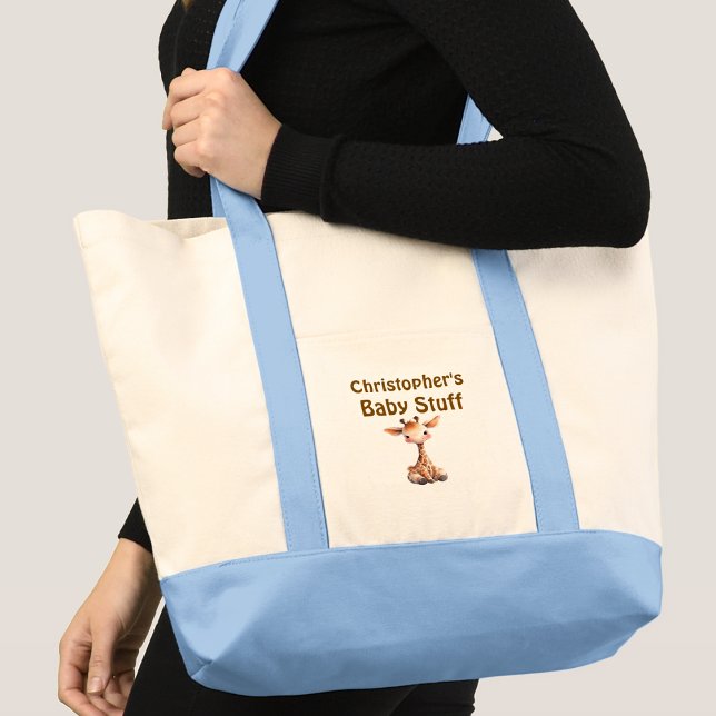 Bolsa Tote Cute giraffe baby stuff name blue brown (Criador carregado)