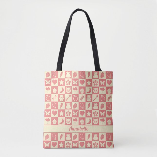 Bolsa Tote Cute Girly Modern Pink Checkered Icons Pattern (Frente)