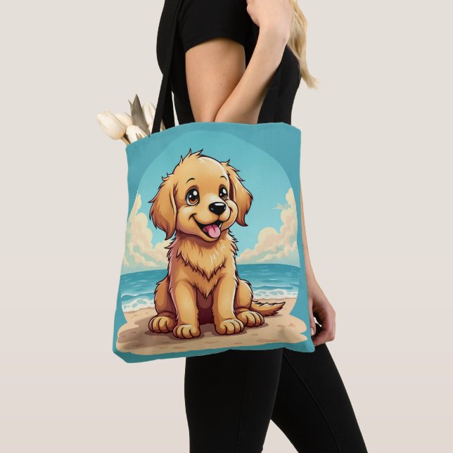 Bolsa Tote Cute Golden Puppy at Sunny Beach Scene (Close Up)
