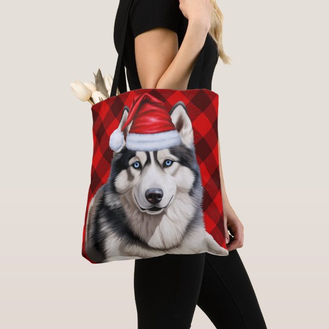 Bolsa Tote Cute Husky Christmas Dog Red Buffalo Plaid (Close Up)