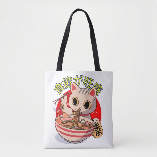 Bolsa Tote Cute Japanese Cat Eating Noodles with Chopsticks (Frente)