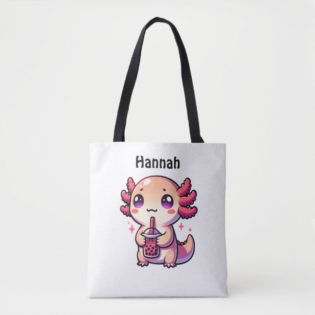 Bolsa Tote Cute Kawaii Axolotl com Chá de Bolha Personalizado (Frente)