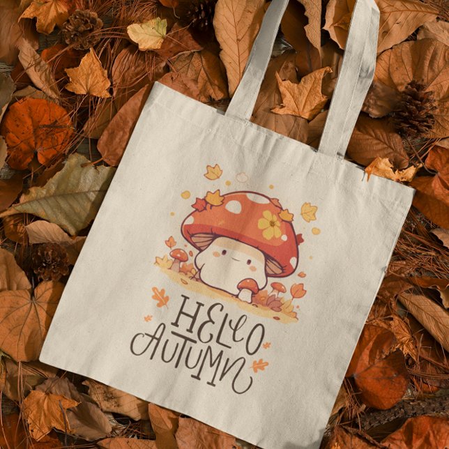 Bolsa Tote Cute kawaii Mushroom Olá outono (Criador carregado)