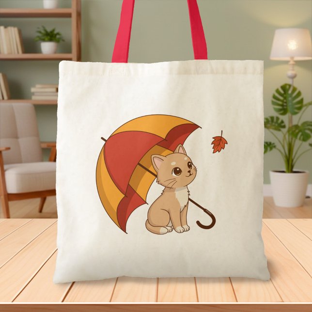 Bolsa Tote Cute Kitten Cat Red Yellow Umbrella Fall (Criador carregado)