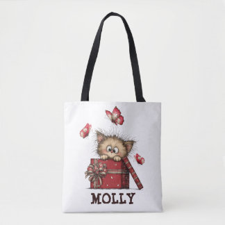 Bolsa Tote Cute Kitten with Butterflies Personalized