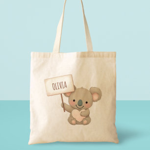 Bolsa Tote Cute Koala segurando um sinal de nome