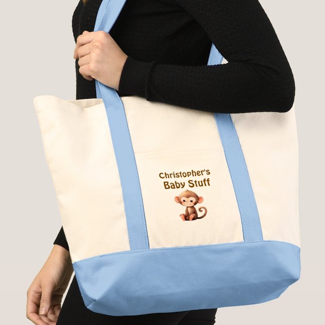 Bolsa Tote Cute macaco bebê coisas nome azul marrom (Criador carregado)
