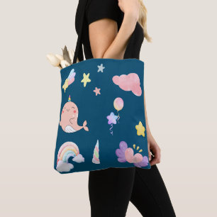 Bolsa Tote Cute Narwhale Fish Unicorn Rainbow sea Aniversário
