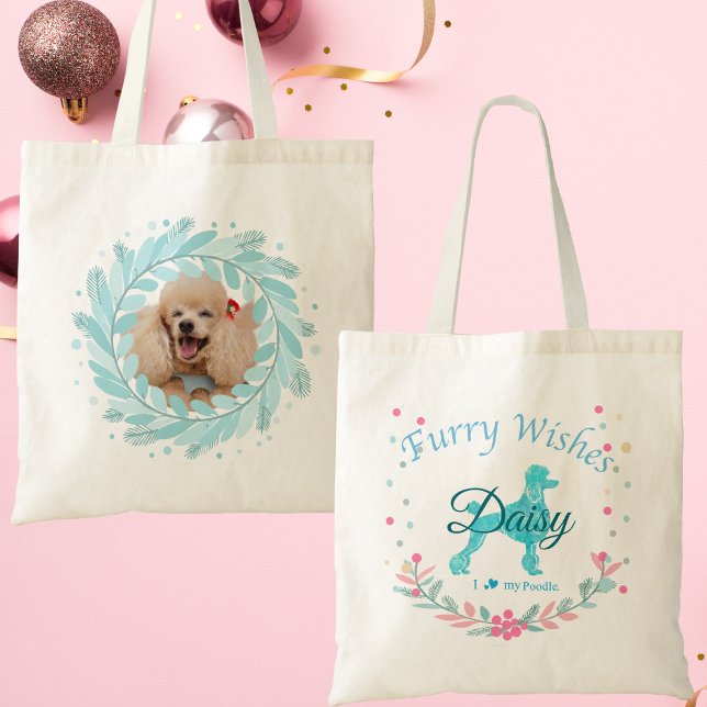 Bolsa Tote Cute Pastel Blue Poodle | Personalized Christmas (Criador carregado)