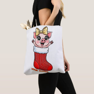 Bolsa Tote Cute Pig in Christmas Stocking