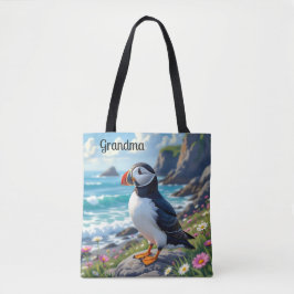 Bolsa Tote Cute Puffin on the Seashore themed Personalized