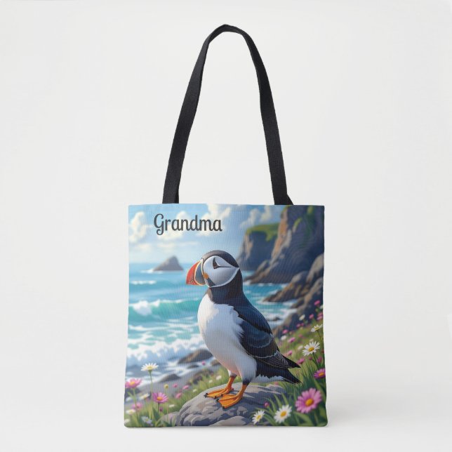 Bolsa Tote Cute Puffin on the Seashore themed Personalized (Frente)