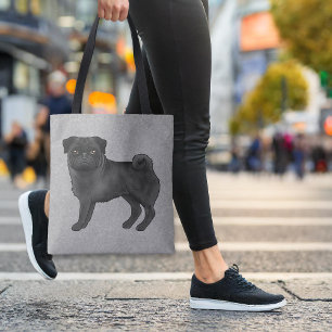 Bolsa Tote Cute Pug Mops Cartoon Dog Breed Cor Preta Cinza