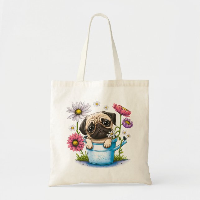 Bolsa Tote Cute Pug Puppy Dog Daisies Cartoon Floral Pugs (Frente)