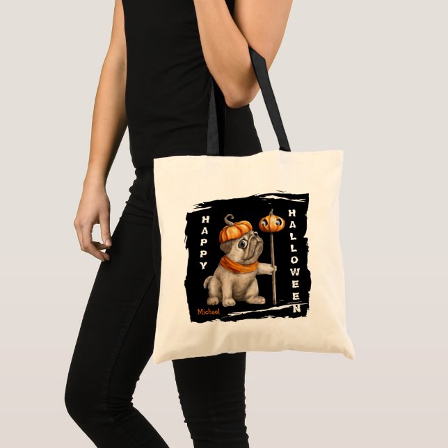 Bolsa Tote Cute Pug Puppy Kids Halloween Trick ou Tratar (Frente (produto))