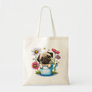 Bolsa Tote Cute Puggy Puppy com flores