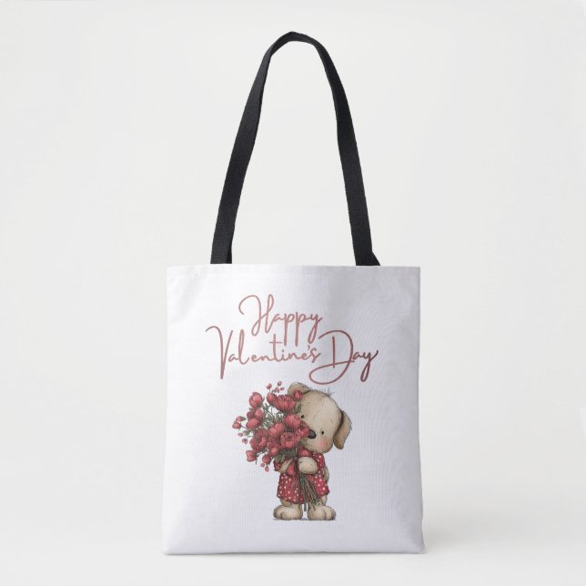 Bolsa Tote Cute Puppy Happy Valentine's Day Rose Bouquet (Frente)