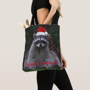 Bolsa Tote Cute Raccoon Vestindo Feriado Vermelho Santa Hat