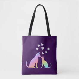 Bolsa Tote Cute Rainbow Cat and Dog Silhouette Love Purple To