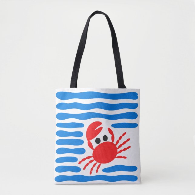 Bolsa Tote Cute Red Crab & Blue Waves Coastal (Frente)