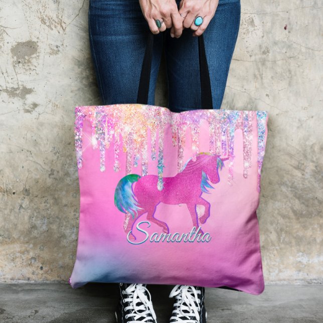Bolsa Tote Cute rosa unicórnio arco-íris Brilhante Monograma (Criador carregado)
