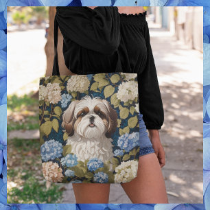 Bolsa Tote Cute Shih Tzu Puppy Blue hydrangea flores