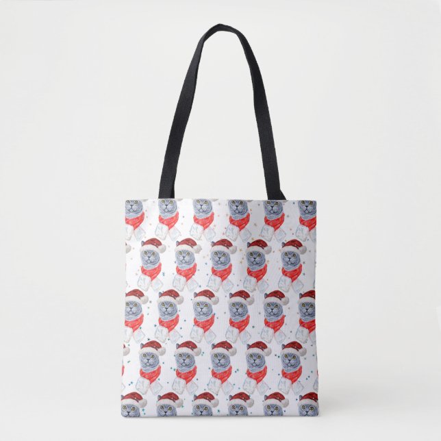 Bolsa Tote Cute Silver Gray Cat With Santa Hat Christmas (Frente)