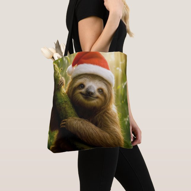 Bolsa Tote Cute Sloth Wearing a Santa Hat (Close Up)