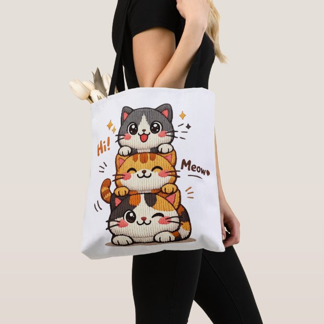 Bolsa Tote Cute Stack Cats Hi Meow (Close Up)