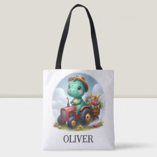 Bolsa Tote Cute Trex Dinossauro Dirigindo um Trator Vermelho