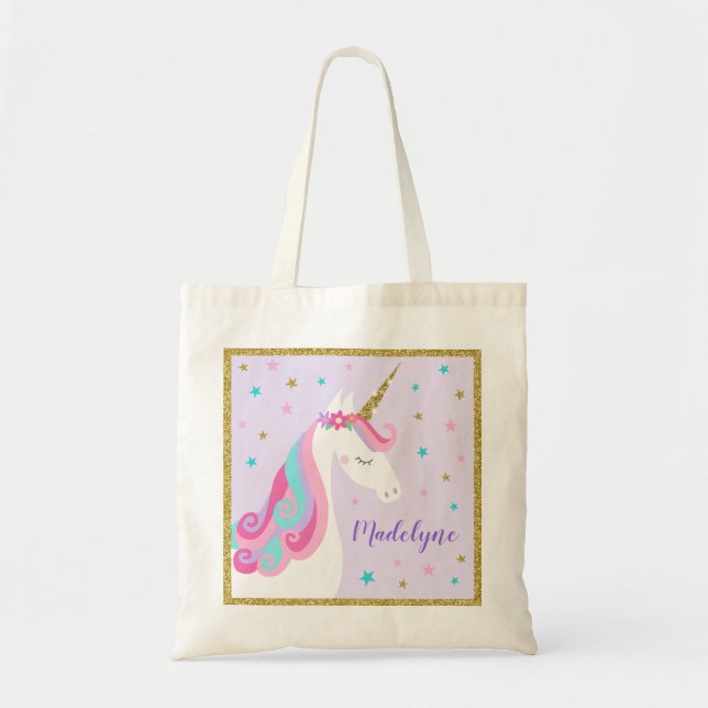 Bolsa Tote Cute Unicorn Stars Glitter Roxo (Frente)