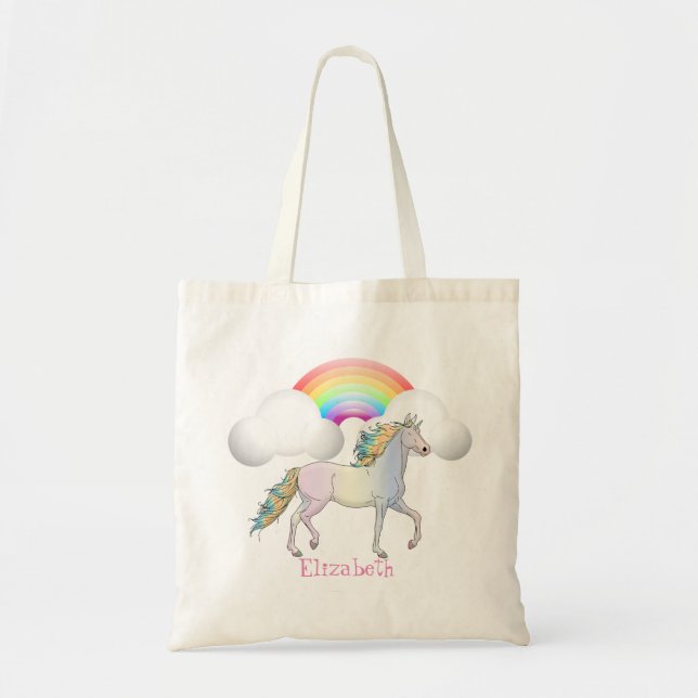 Bolsa Tote Cute  Unicórnio Mágico, Arco-íris (Frente)