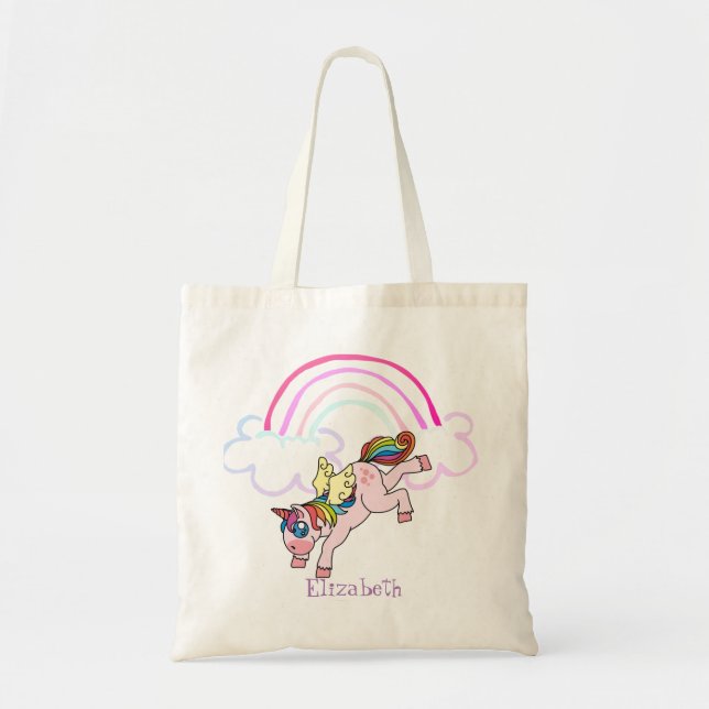 Bolsa Tote Cute  Unicórnio Mágico, Arco-íris (Frente)