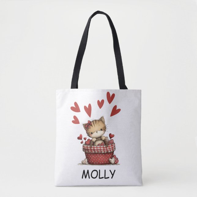 Bolsa Tote Cute Valentine Cat with Hearts Personalized (Frente)