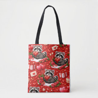 Bolsa Tote Cute Valentine Raccoon Pattern Red Hearts & Roses