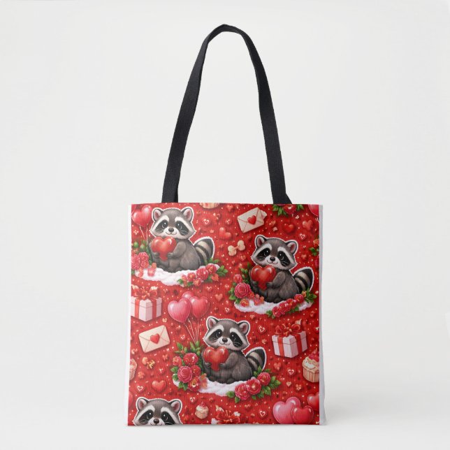 Bolsa Tote Cute Valentine Raccoon Pattern Red Hearts & Roses (Frente)