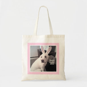 Bolsa Tote Cute White Puppy Dog With Easter Bunny Ears Pink