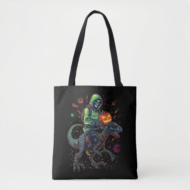 Bolsa Tote Cyber Neon Skeleton Riding Robo Dino - Halloween (Frente)