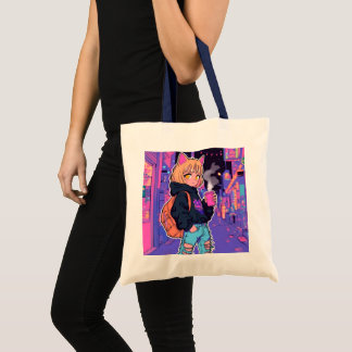 Bolsa Tote Cyberpunk Cat Girl Tote Bag – Neon Aesthetic