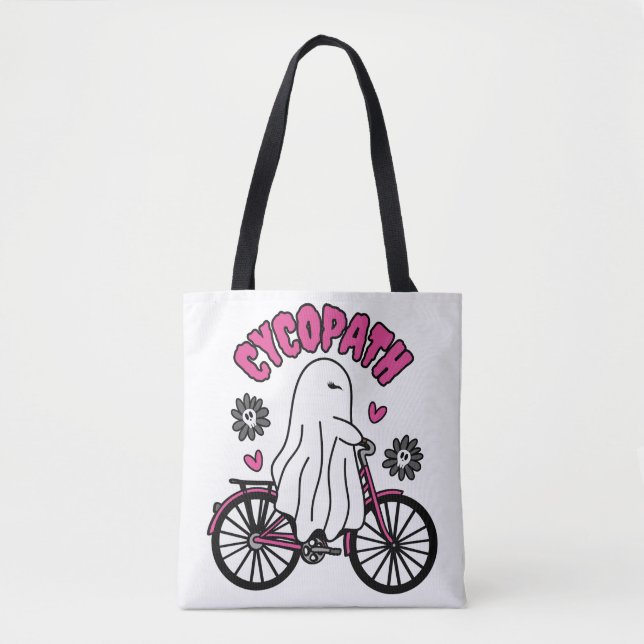 Bolsa Tote Cycopath Halloween Ghost em Bicicleta Rosa (Frente)