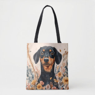 Bolsa Tote Dachshund Bonito com Pintura de Flores Selvagens
