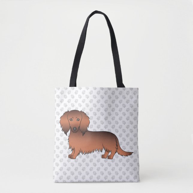 Bolsa Tote Dachshund Cartoon Cão & Patas Pelo Longo Sable Ver (Frente)