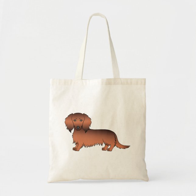 Bolsa Tote Dachshund Cartoon Cute de Pelo Longo e Cor Castanh (Frente)