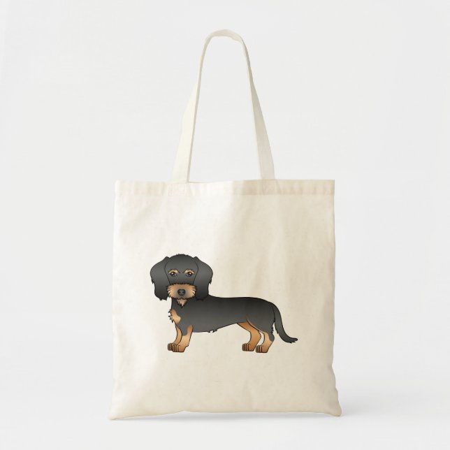 Bolsa Tote Dachshund Cartoon de Pelo de Arame Preto e Castanh (Frente)