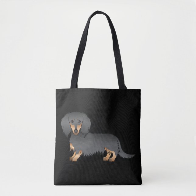 Bolsa Tote Dachshund Cartoon de Pelo Longo Preto e Castanho (Frente)
