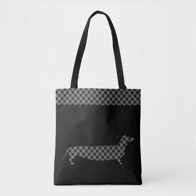 Bolsa Tote Dachshund da xadrez no preto (Frente)